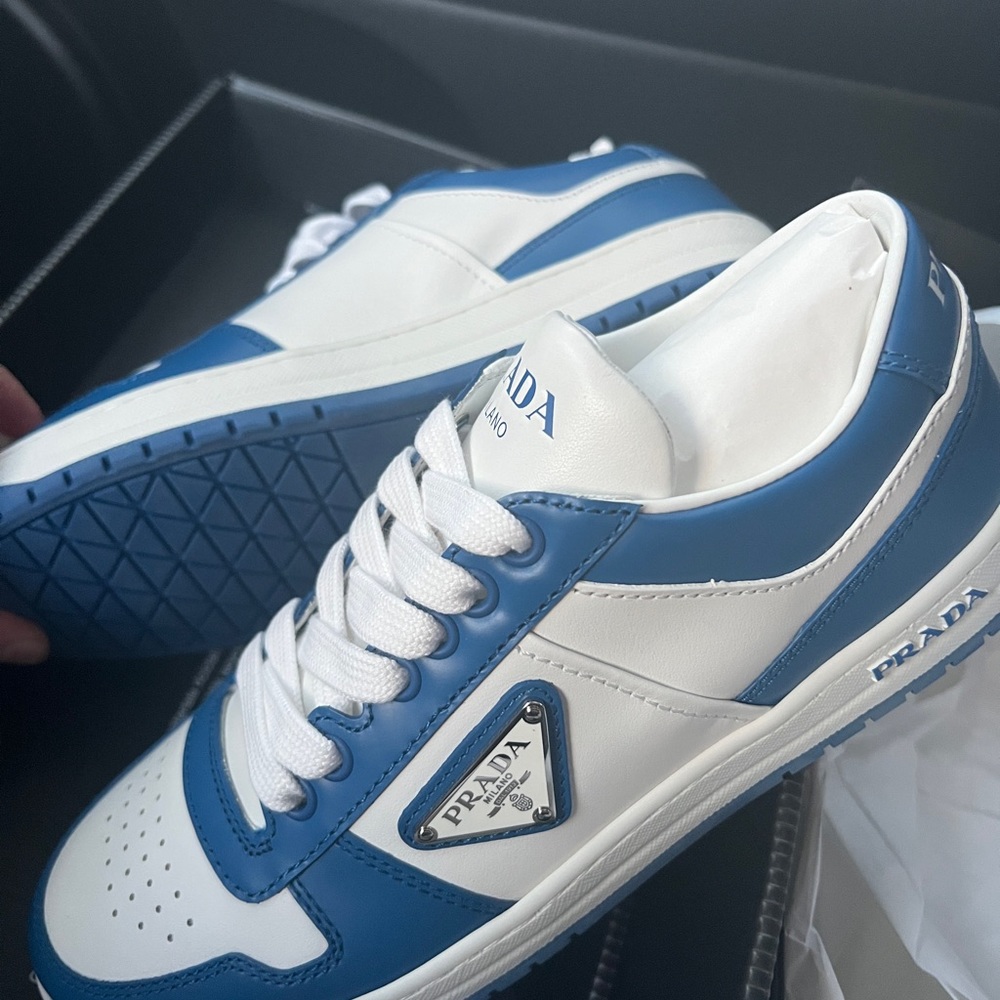 Prada Downtown Leather Sneaker Bianco Cobalt Blue